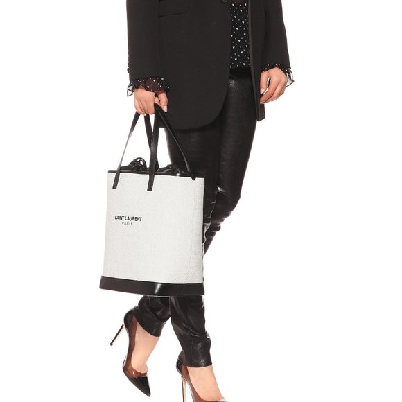 SAINT LAURENT 'Teddy' Medium Canvas/Leather Drawstring Shopping Tote Bag (NEW) - Picture 15 of 15